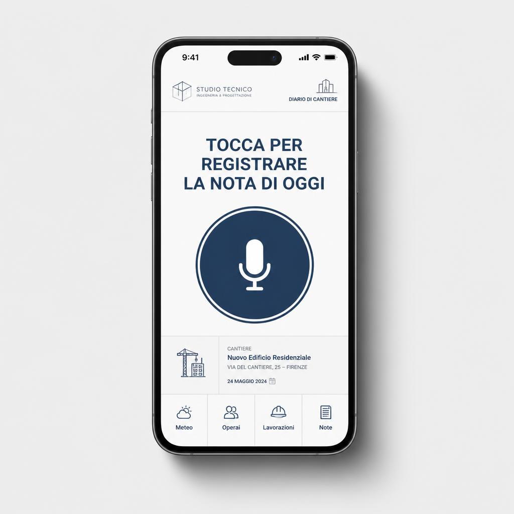 Anteprima dell'app PraticheAI su smartphone: pulsante microfono per registrare la nota di cantiere